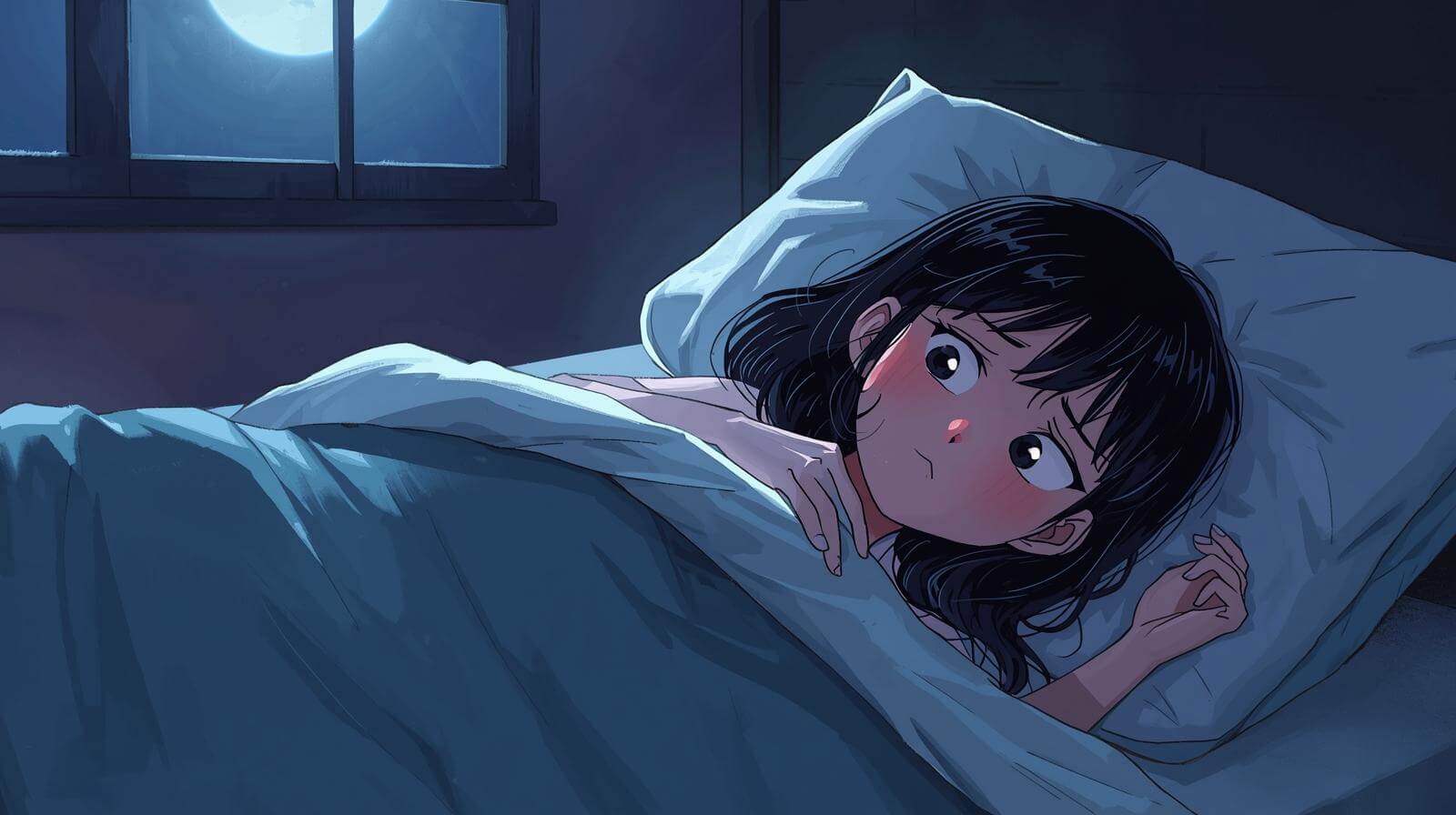 第 1 頁 插圖：夜晚，小宥在床上翻來翻去，睡不著